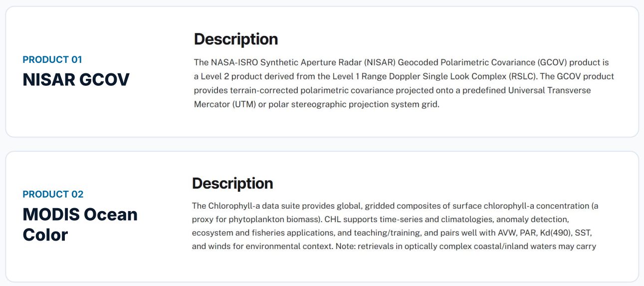 Data description of NISAR GCOV vs MODIS Ocean Color